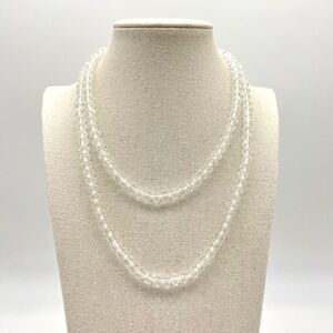 Vintage Long Glass Crystal Bead Necklace Single Strand Sparkling Clear Statement
